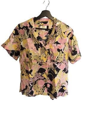 Anthropologie Short-Sleeve Button-Down Shirt - Pink, Yellow, Black